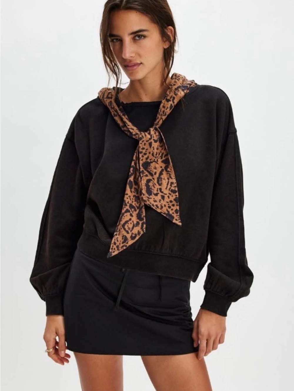 Free People Black Hoodie with Leopard Lined Hood